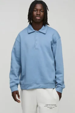 Store boohooMAN Oversized Heavyweight Long Sleeve Sweatshirt Polo blue