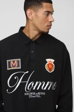 Hot boohooMAN Oversized Heavyweight Pique Applique Rugby Polo black