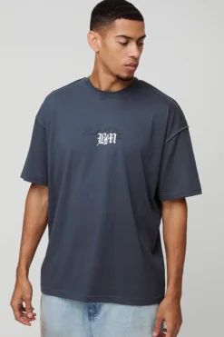 Store boohooMAN Oversized Heavyweight Washed Overlock Stitch Printed T-Shirt charcoal