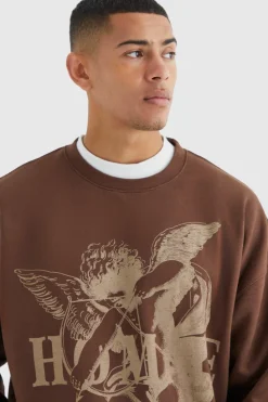 Outlet boohooMAN Oversized Homme Graphic Sweatshirt chocolate