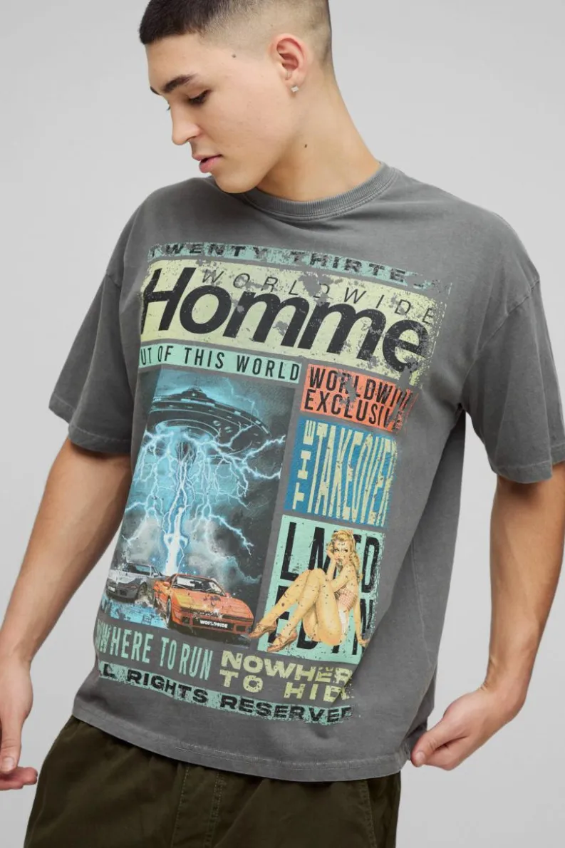 Shop boohooMAN Oversized Homme Magazine Graphic Washed T-Shirt charcoal