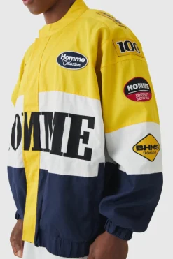 Online boohooMAN Oversized Homme Twill Moto Jacket In yellow