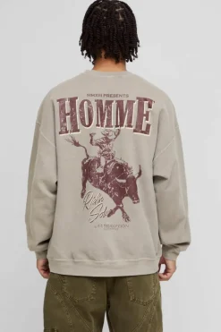 Cheap boohooMAN Oversized Homme Western Graphic Washed Sweatshirt brown