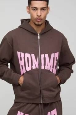 Discount boohooMAN Oversized Homme Zip Hooded Split Hem Tracksuit brown