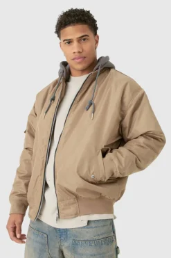 Outlet boohooMAN Oversized Hooded Ma1 Bomber Jacket In stone