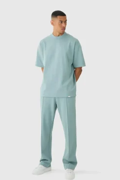 Discount boohooMAN Oversized Interlock T-shirt And Jogger Tracksuit dusty blue