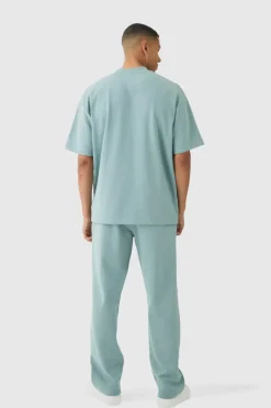 Discount boohooMAN Oversized Interlock T-shirt And Jogger Tracksuit dusty blue