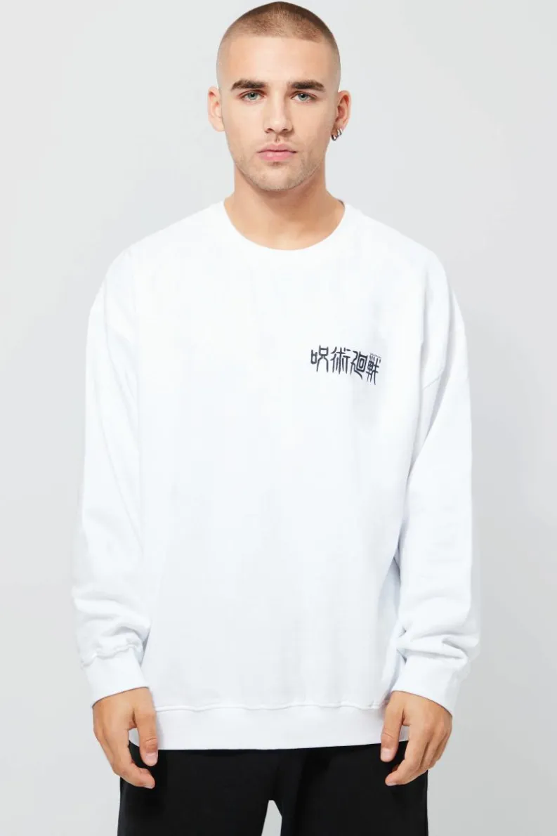 New boohooMAN Oversized Jujutsu Kaisen License Sweatshirt white