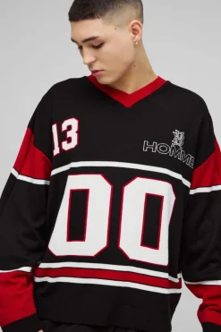 Hot boohooMAN Oversized Knitted Varsity Hockey Top black