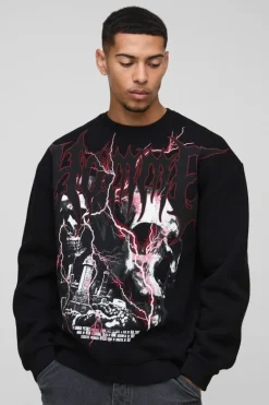 Store boohooMAN Oversized Large Scale Gothic Skull Graphic Sweatshirt black