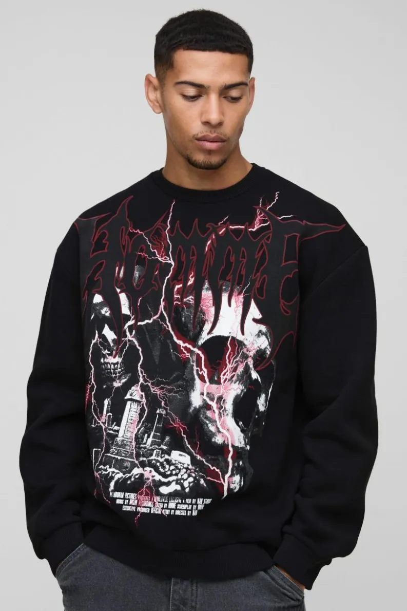 Store boohooMAN Oversized Large Scale Gothic Skull Graphic Sweatshirt black
