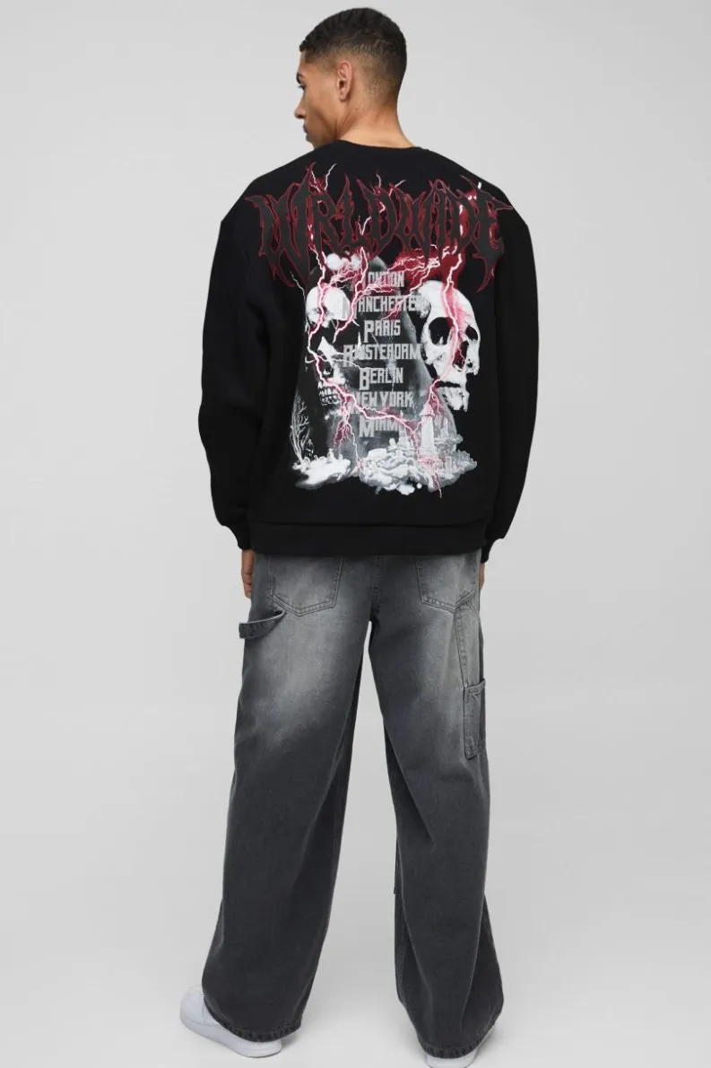 Store boohooMAN Oversized Large Scale Gothic Skull Graphic Sweatshirt black