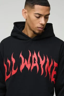 Shop boohooMAN Oversized Lil Wayne License Print Hoodie black