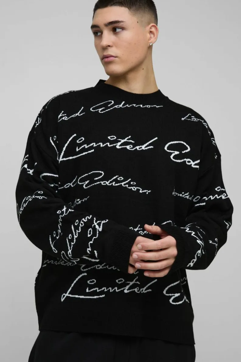 Flash Sale boohooMAN Oversized Limited Edition Knitted Jumper black