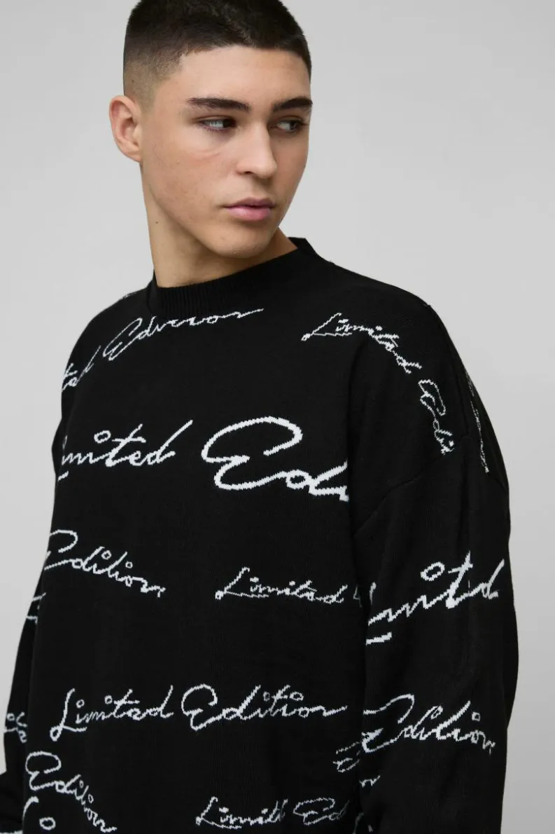 Flash Sale boohooMAN Oversized Limited Edition Knitted Jumper black