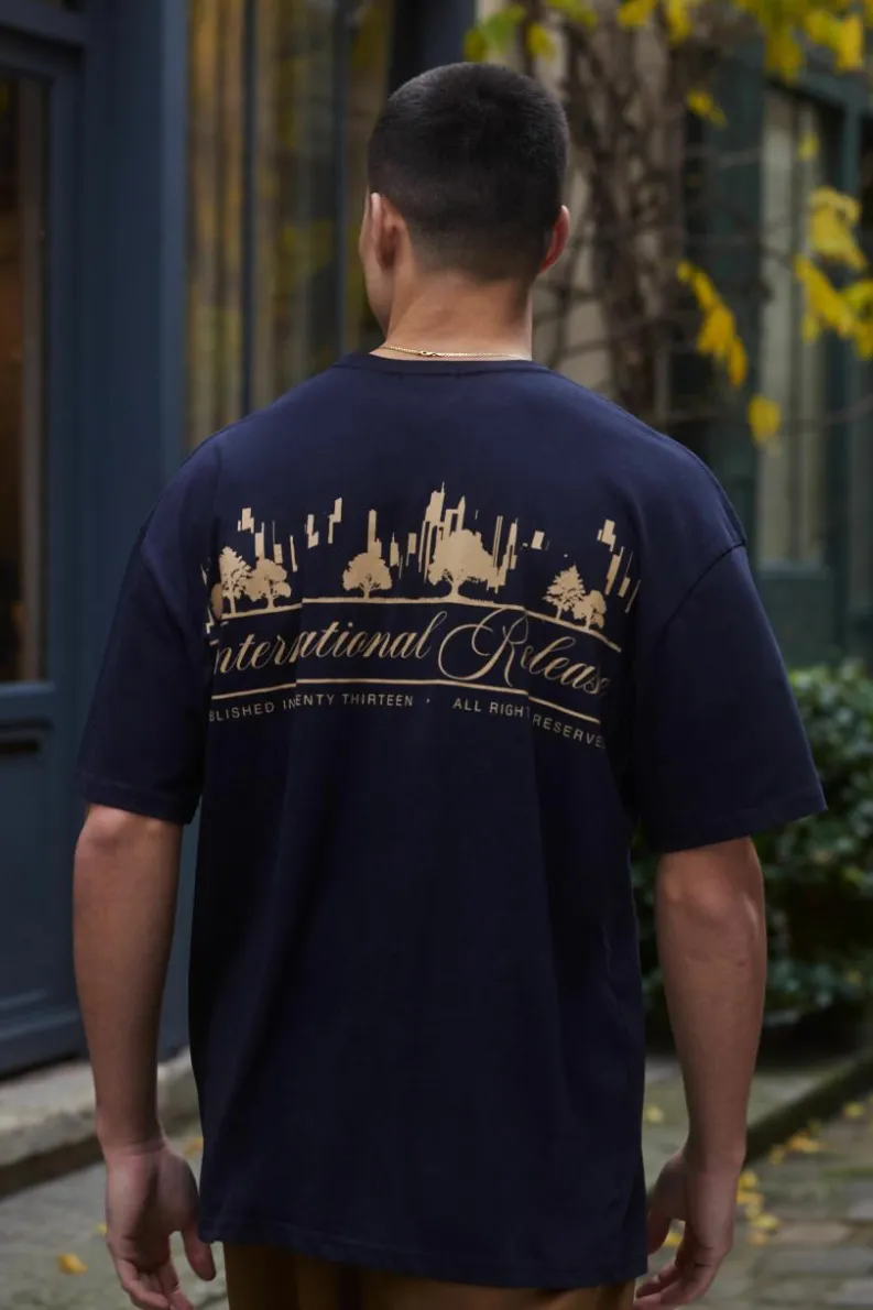 Hot boohooMAN Oversized Limited Edition Landscape Printed T-Shirt navy