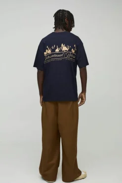 Hot boohooMAN Oversized Limited Edition Landscape Printed T-Shirt navy