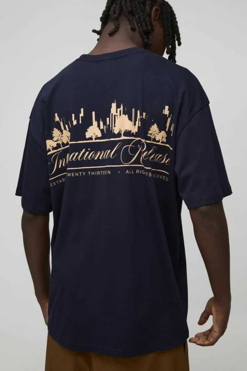 Hot boohooMAN Oversized Limited Edition Landscape Printed T-Shirt navy