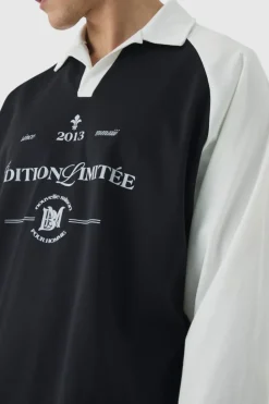 Discount boohooMAN Oversized Limited Edition Long Sleeve Rugby Polo black