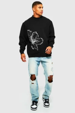 Clearance boohooMAN Oversized Line Drawn Flower Print Sweatshirt black
