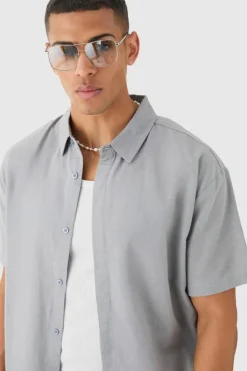 Fashion boohooMAN Oversized Linen Concealed Placket Shirt dark grey