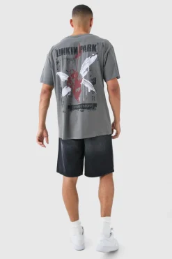 Online boohooMAN Oversized Linkin Park Wash License T-shirt charcoal