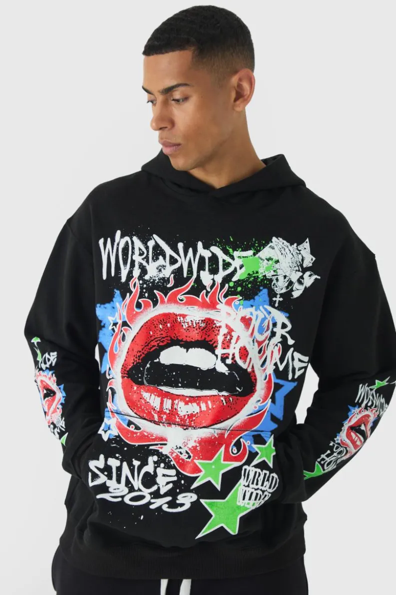 Online boohooMAN Oversized Lip Graffiti Graphic Hoodie black