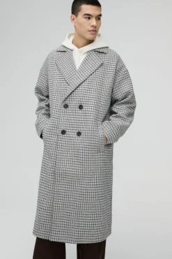 Best Sale boohooMAN Oversized Longline Check Overcoat In grey