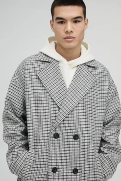 Best Sale boohooMAN Oversized Longline Check Overcoat In grey