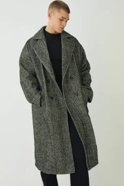 Cheap boohooMAN Oversized Longline Herringbone Overcoat In black