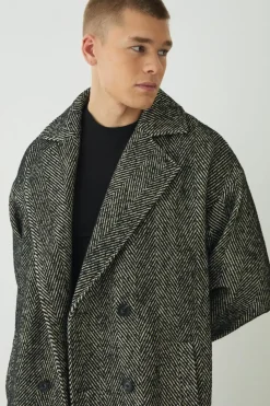 Cheap boohooMAN Oversized Longline Herringbone Overcoat In black