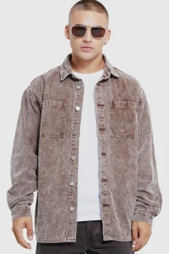 Outlet boohoo Oversized Long Sleeve Acid Wash Cord Shirt and trouser set chocolate