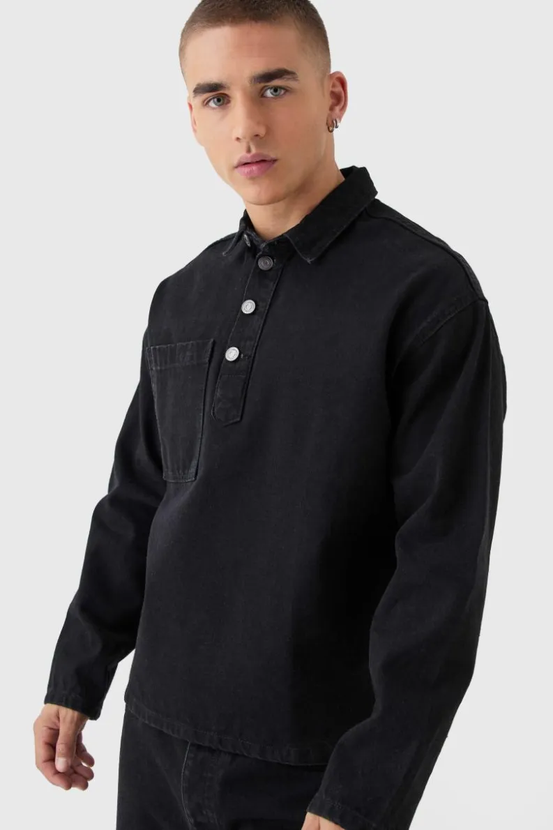 Online boohooMAN Oversized Long Sleeve 1/4 Neck Denim Shirt washed black