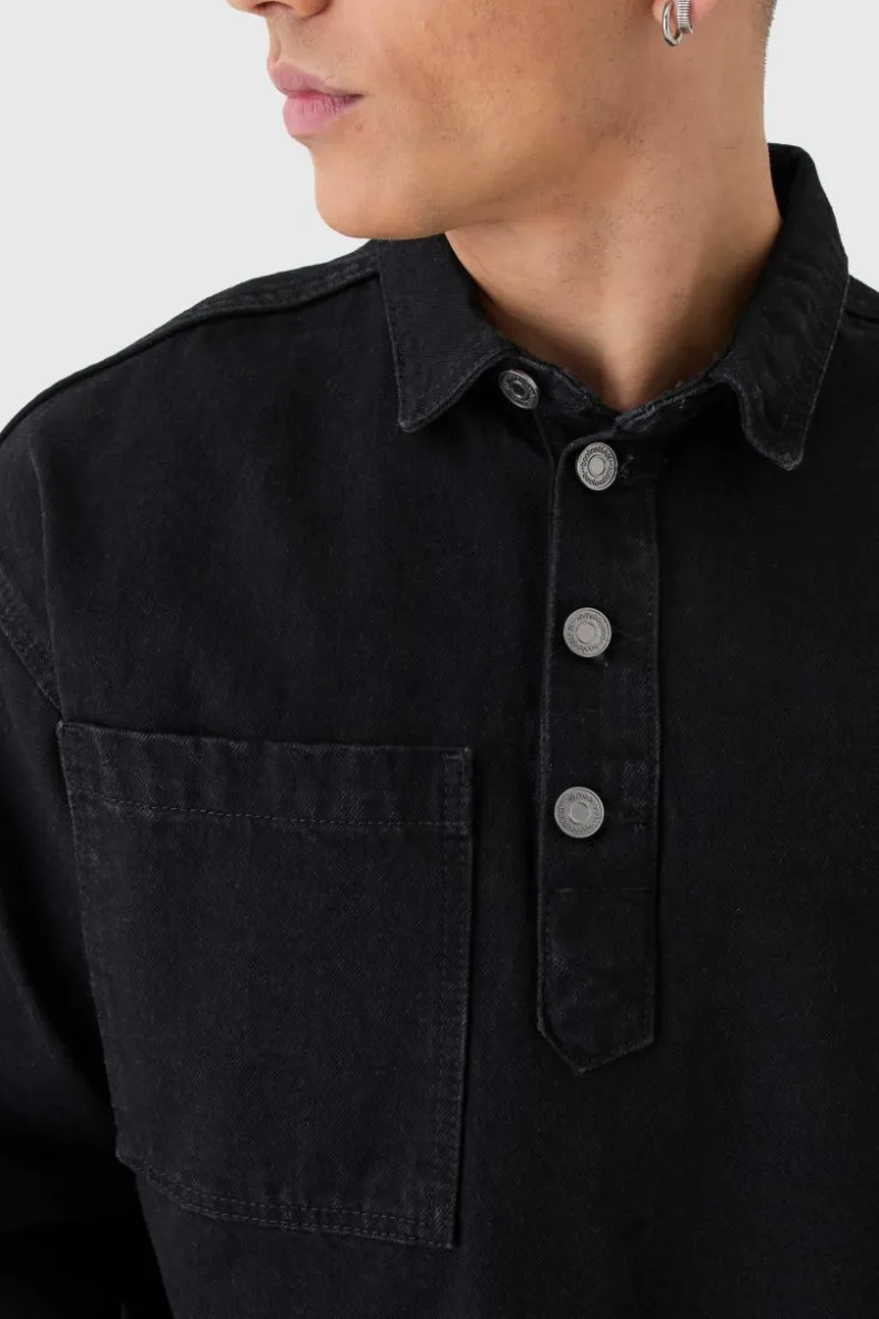 Online boohooMAN Oversized Long Sleeve 1/4 Neck Denim Shirt washed black