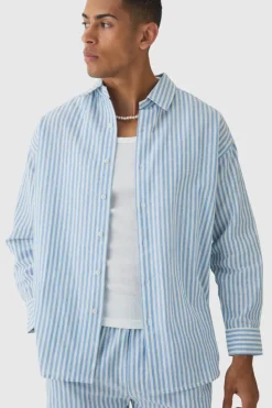 Best Sale boohooMAN Oversized Long Sleeve Striped Shirt & Trouser Set In light blue