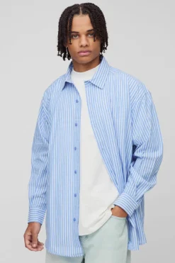 Fashion boohooMAN Oversized Long Sleeve Striped Shirt In Blue light blue