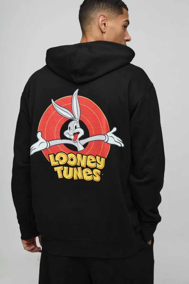 Discount boohooMAN Oversized Looney Tunes License Print Hoodie black