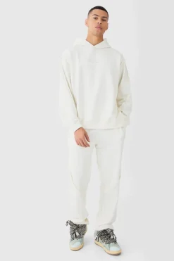 New boohooMAN Oversized Loopback Raw Hem Panel Hooded Tracksuit ecru