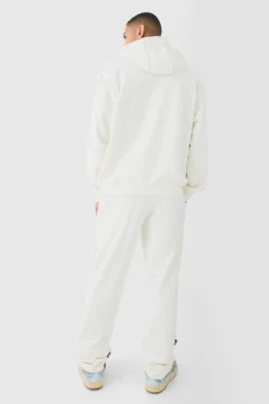 New boohooMAN Oversized Loopback Raw Hem Panel Hooded Tracksuit ecru