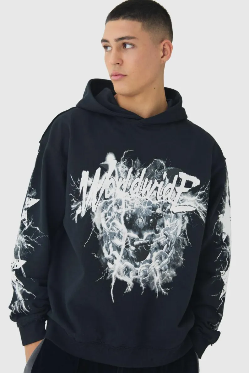 Sale boohooMAN Oversized Loopback Raw Seams Worldwide Printed Hoodie black