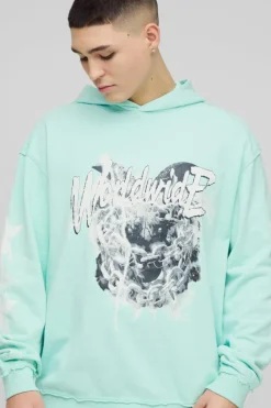 Store boohooMAN Oversized Loopback Raw Seams Worldwide Printed Hoodie turquoise