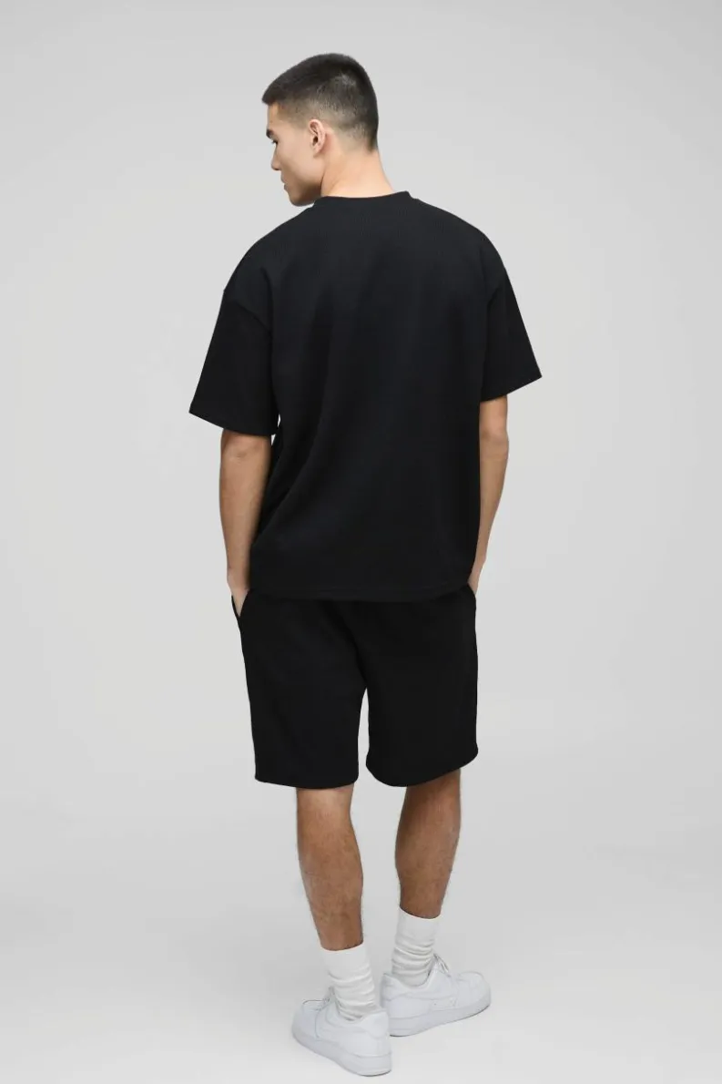 New boohooMAN Oversized Man Embroidered Waffle T-Shirt black