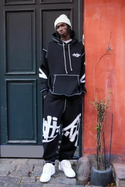 Cheap boohooMAN Oversized Man Graffiti Rope Drawcord Hooded Tracksuit black