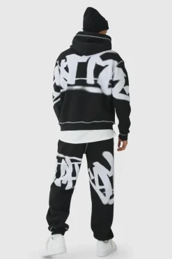 Cheap boohooMAN Oversized Man Graffiti Rope Drawcord Hooded Tracksuit black