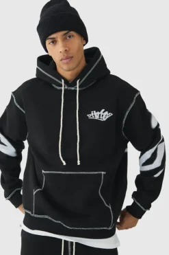 Cheap boohooMAN Oversized Man Graffiti Rope Drawcord Hooded Tracksuit black