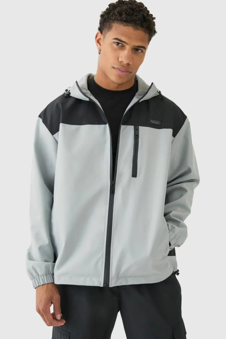 Hot boohooMAN Oversized Man Tab Colour Block Hooded Windbreaker In grey