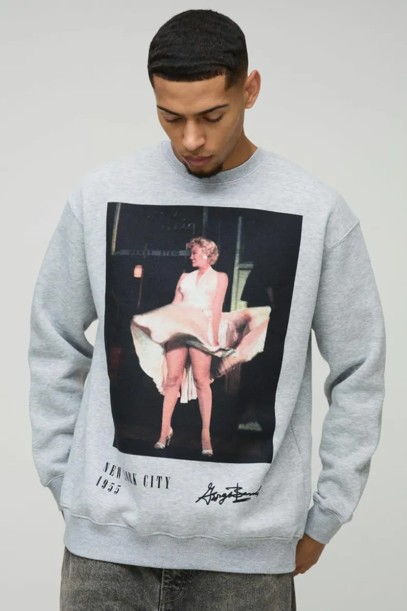 Hot boohooMAN Oversized Marilyn License Print Sweatshirt grey marl