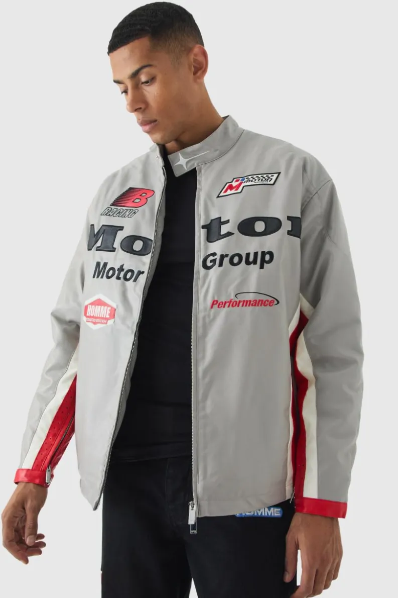 Flash Sale boohooMAN Oversized Mesh Panel PU Moto Jacket In grey