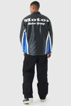 Best boohooMAN Oversized Mesh Panel PU Moto Jacket In black