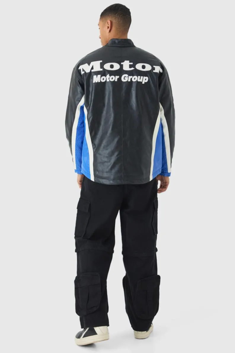 Best boohooMAN Oversized Mesh Panel PU Moto Jacket In black